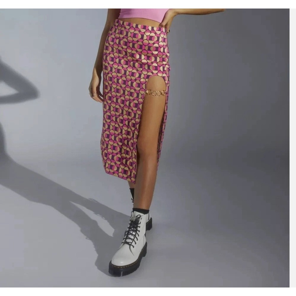 Urban Outfitters Pink Gold Geometric Slit Chain Link Midi Skirt XS Retro Glam